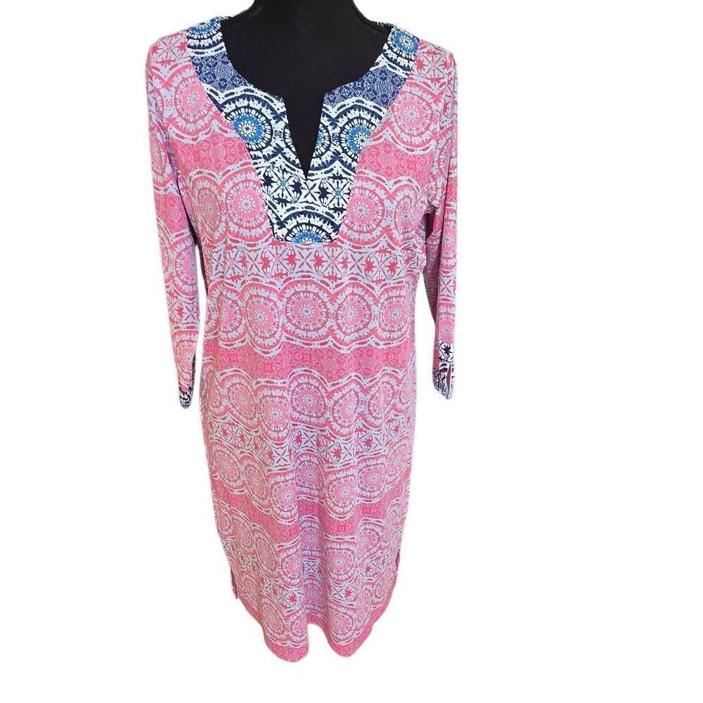 Caribbean Joe Pink and Navy Stretchy Comfortable Patterned Tunic Dress